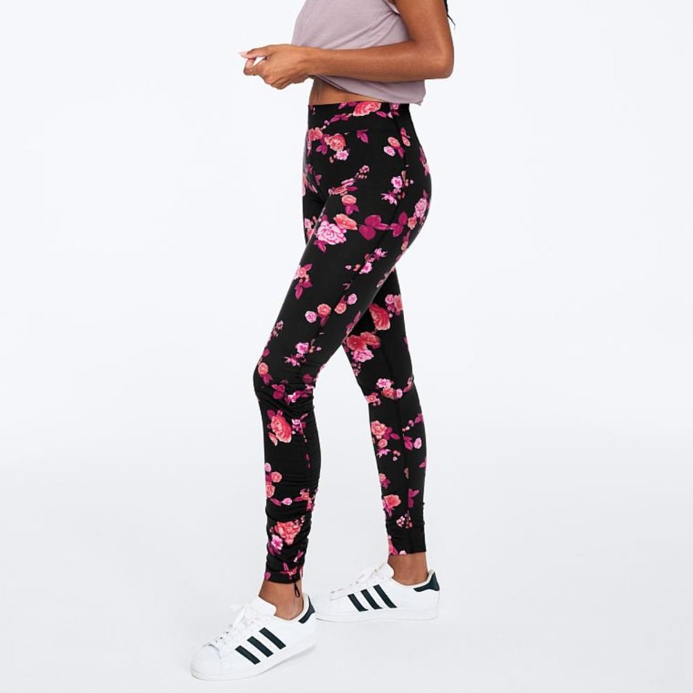 Victoria's Secret PINK Ultimate Ruched Floral Leggings Black Womens Size XS